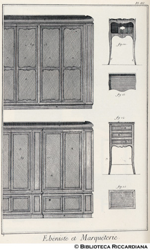 Tav. 3 - Ebanista e intarsiatore: arredi (biblioteca e tavolini da notte).