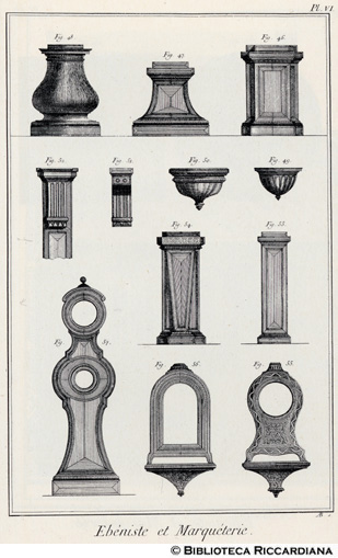 Tav. 6 - Ebanista e intarsiatore: piedistalli e casse per orologi.