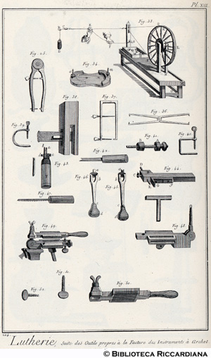Tav. 204 - Liuteria - Utensili e macchinari per la costruzione di strumenti musicali ad arco.