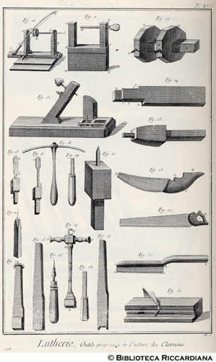 Tav. 208 - Liuteria - Utensili per la costruzione del clavicembalo.