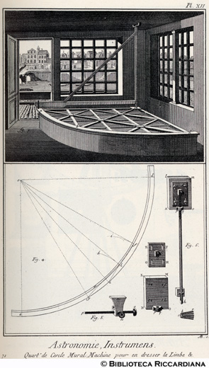 Tav. 71 - Astronomia - Strumenti: quarto del cerchio murale e macchina per costruire un limbo.