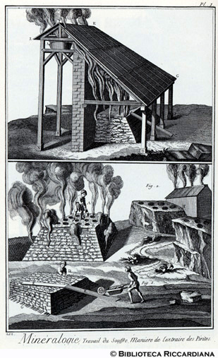 Tav. 212 - Mineralogia - Lavorazione dello zolfo: modo di estrarlo dalla pirite.