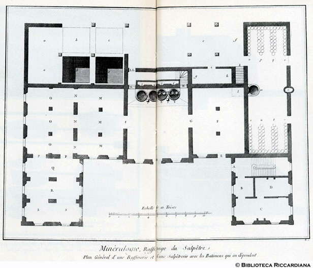 Tavv. 220-221 - Mineralogia - Raffinamento del salnitro: pianta di una raffineria.