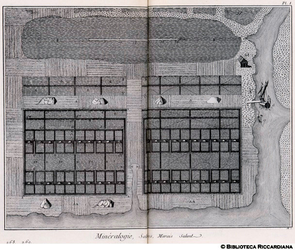 Tavv. 268-269 - Mineralogia - Saline: pianta di una salina doppia di acqua di mare.