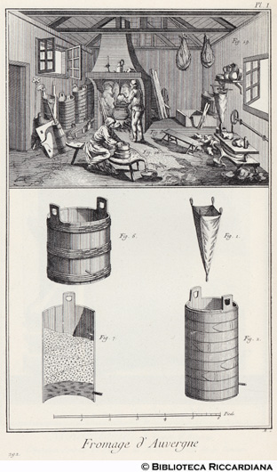 Tav. 292 - Economia rurale - Formaggio d'Auvergne: laboartorio casearo e attrezzi.