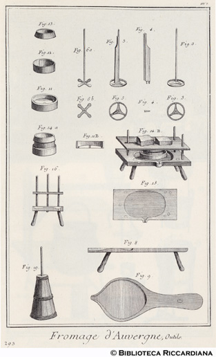 Tav. 293 - Economia rurale - Formaggio d'Auvergne: attrezzi per la produzione.