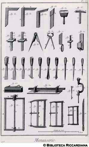Tav. 173 - Falegnameria - Squadre, seghe, compassi e altri utensili.