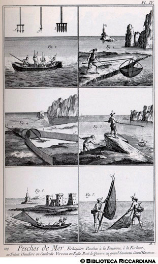 Tav. 109 - Pesca marina: vari tipi di pesca col tridente o la bilancia.