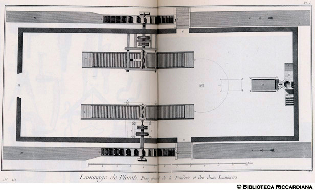 Tav. 156/157 - Laminatura del piombo - Pianta della fonderia e dei laminatoi.