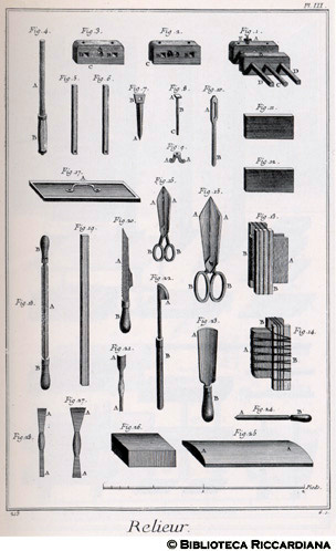 Tav. 215 - Rilegatore - Attrezzi per la rilegatura.
