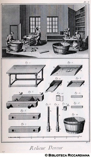Tav. 217 - Rilegatore - Laboratorio di doratura e attrezzatura.