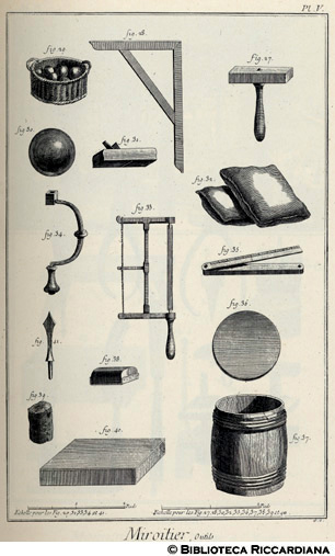 Tav. 7 - Fabbricante di specchi: utensili e attrezzatura.
