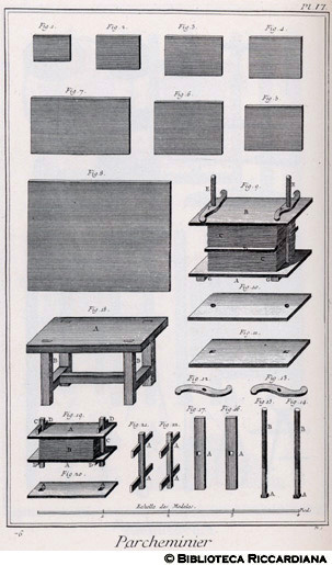 Tav. 76 - Pergamenaio: fogli di pergamena e presse.