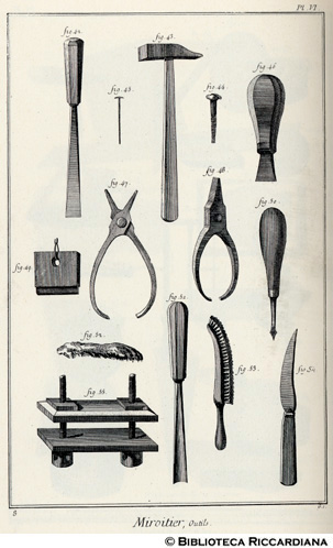 Tav. 8 - Fabbricante di specchi: utensili e attrezzatura.