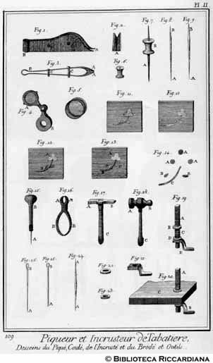 Tav. 109 - Sbalzatore di tabacchiere, intarsiatore e cesellatore: atrrezzi.
