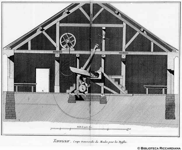 Tavv. 181-182 - Conciatore: sezione trasversale di mulino per scamosciare le pelli di bufalo.