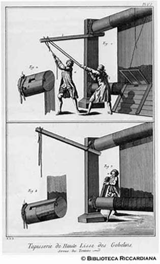 Tav. 222 - Tessitura di Gobelins ad alto liccio: tiratura delle stoffe.