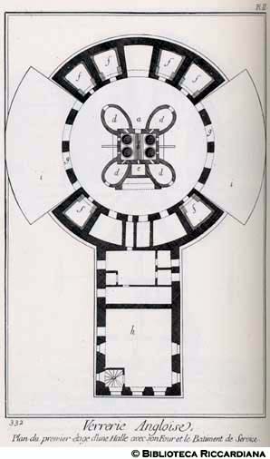 Tav. 332 - Vetreria inglese - Piano del primo piano di una sala con il forno e i locali annesi.