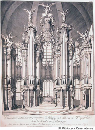 decoration exterieure en perspective de l'orgue de l'Abbaye de Weingarthen, dans la Suabe en Allemagne (organo monumentale), tav. LXXVII (ripiegata)