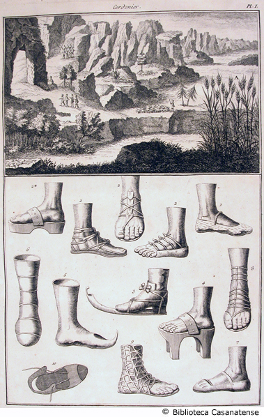 cordonier (vari tipi di calzature e piante con cui si fanno le suole di corda), tav. I