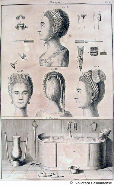 perruquier (parrucche femminili e donna che fa il bagno in una vasca), tav. V