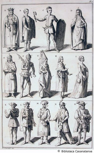 tailleur (tipologie di abiti di secoli diversi  I), tav. 1