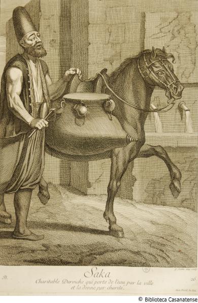 Saka, charitable derviche qui porte de l'eau par la ville ... (derviscio che porta l'acqua), Tav. 26