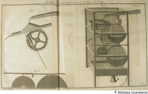 Horologe à pendule qui va par le moyen de l'eau, tav. 9