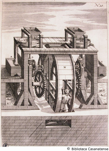 Tav. 15 - Mola per macinare il grano azionata da uomini che camminano in una ruota.