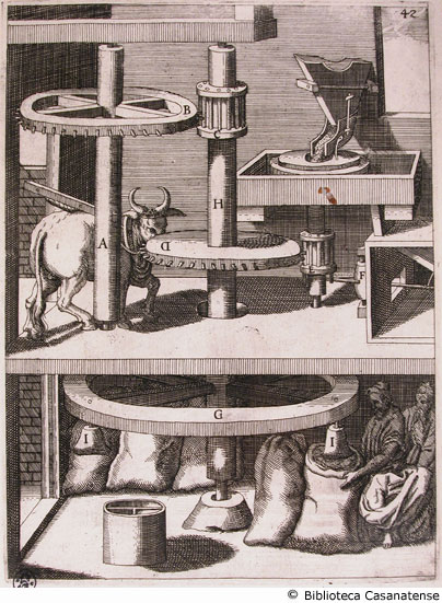 Tav. 42 - Mola per macinare il grano azionata da buoi.