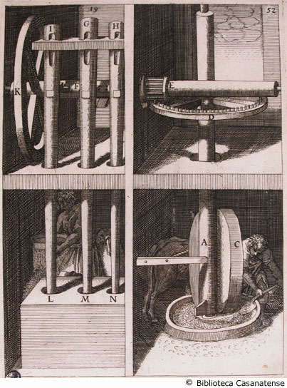 Tav. 52 - Mola per macinare il grano azionata da un cavallo.