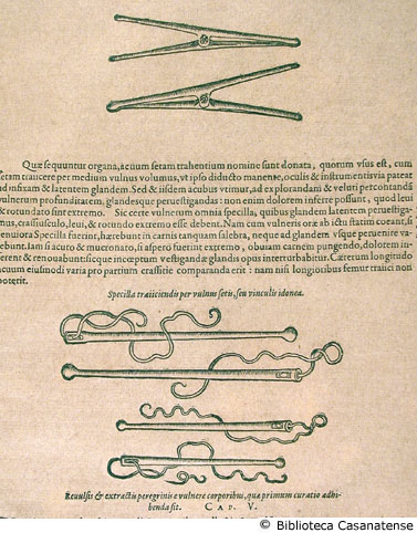 Dilatatoria (figure A e B); Specilla traiiciendis per vulnus fetis, seu vinculis idonea (figura C); Revulsis & extractis peregrinis e vulnere corporibus, quae primum curatio adhibenda sit (figura D); (strumenti chirurgici IV), p. 253