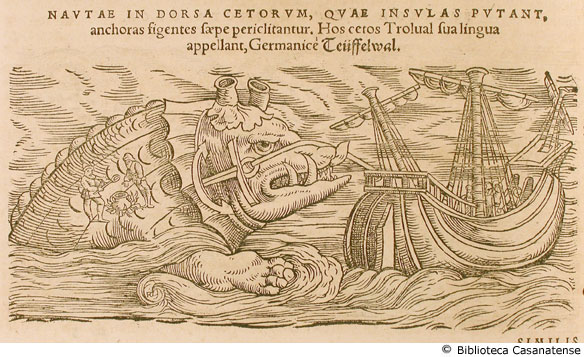 nautae in dorsa cetorum, quae insula puntant, ... (nave ancorata ad una balena), p. 138 (terza figura)