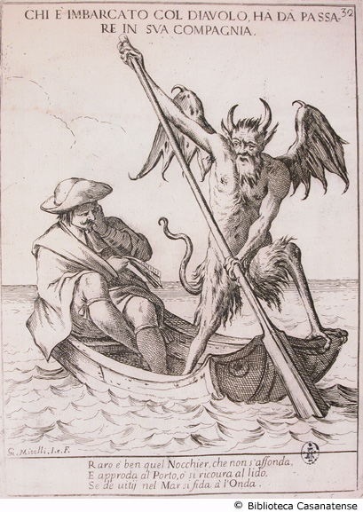 Chi  imbarcato col diavolo, ha da passare in sua compagnia [un uomo su una barca insieme al diavolo], p. [111] (tav. 32)