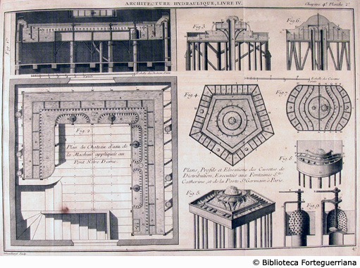 Tav. 47 - Castello d'acqua della macchina applicata al ponte Ntre Dame di Parigi e altre fontane. - Aut.: G. Dheulland