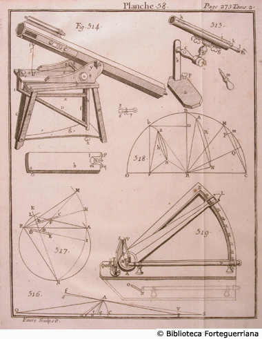 Tav. 58 - Macchina di Hadley per muovere il telescopio e Strumento nautico.  - Aut.: Faure