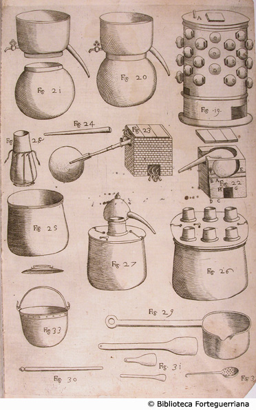 Tav. 2 - Alambicchi e fornelli per la distillazione, attrezzi.