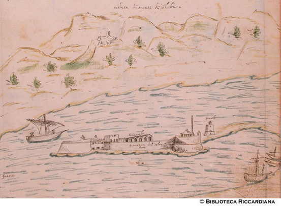 Veduta dei monti di Calabria e fortezza del Salvatore e faro di Messina (Stretto di Messina), c. 39r
