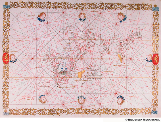 Carta nautica del Mare Indico e allegorie dei Venti, cc. 4v-5r