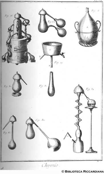 Tav. 48 - Chimica: alambicchi e apparecchi per la distillazione.