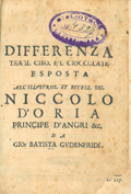 Frontespizio del volume: Differenza tra il cibo, e 'l cioccolate esposta ... da Gio. Batista Gudenfridi