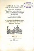 Frontispice de le volume: Notizie istoriche sull'origine delle fiere dello stato ecclesiastico dell'utilit delle medesime, dei privilegj ad esse accordati dai sommi pontefici ... .