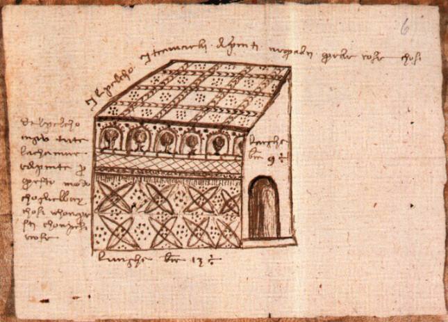 Disegno di un interno del Palazzo Datini corredato delle istruzioni per i costruttori ed i decoratori